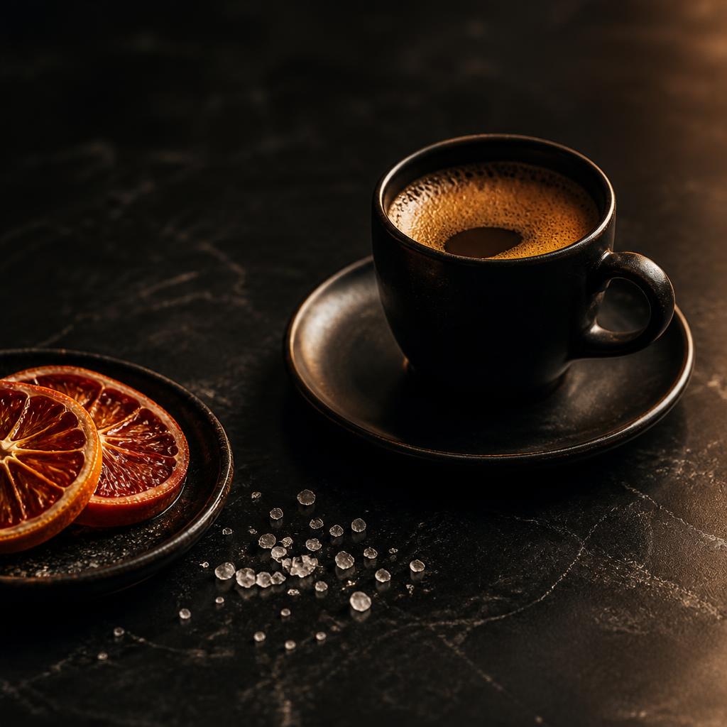 Espresso cup with citrus slices and sea salt on dark stone