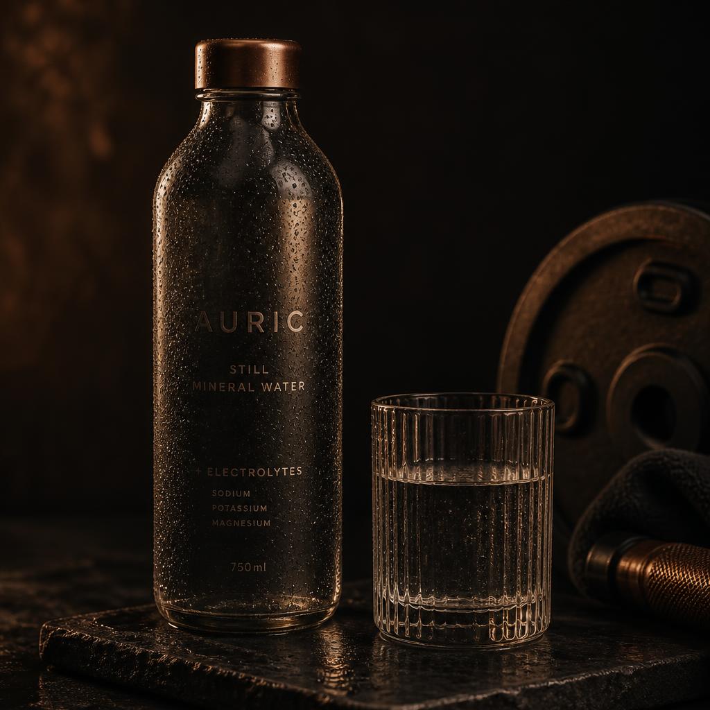 Glass water bottle and electrolyte glass on dark stone