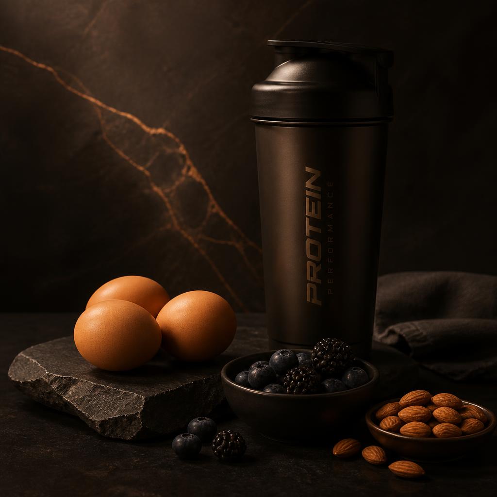 Protein shaker with eggs, berries and almonds on dark stone