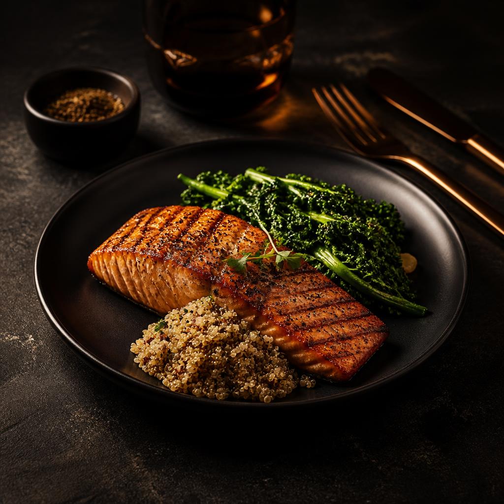 Grilled salmon, greens and quinoa on a matte black plate