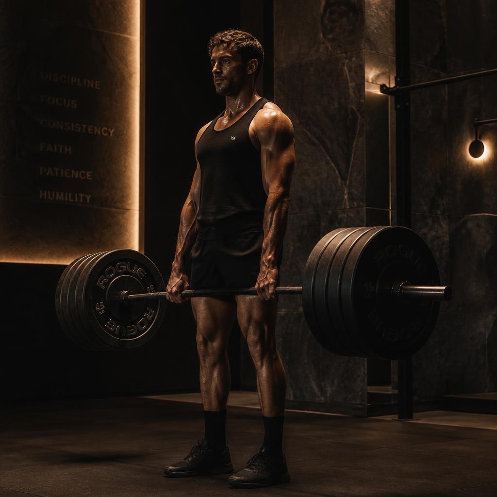 Athlete holding a loaded barbell in a dark stone gym
