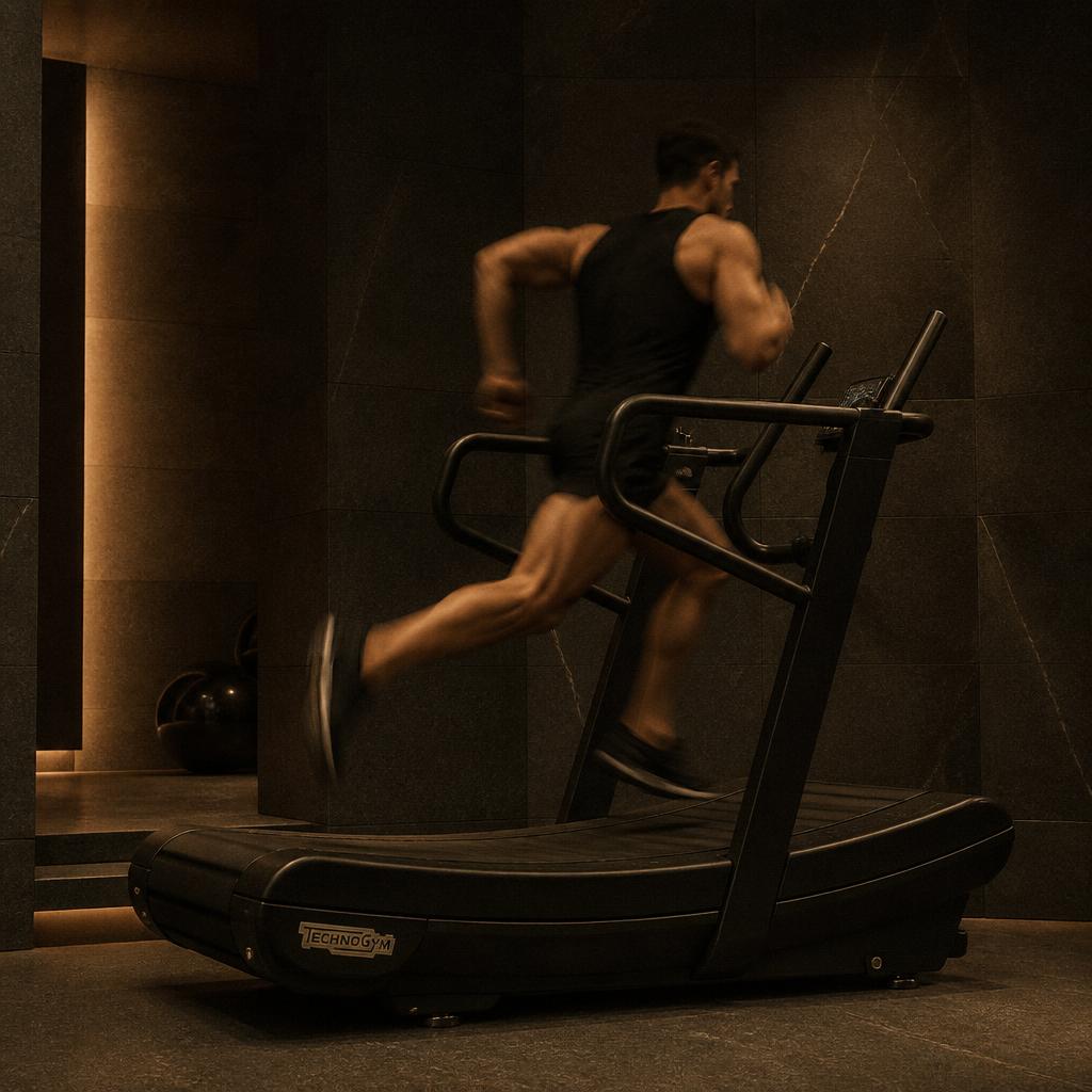 Athlete sprinting on a curved treadmill with motion blur