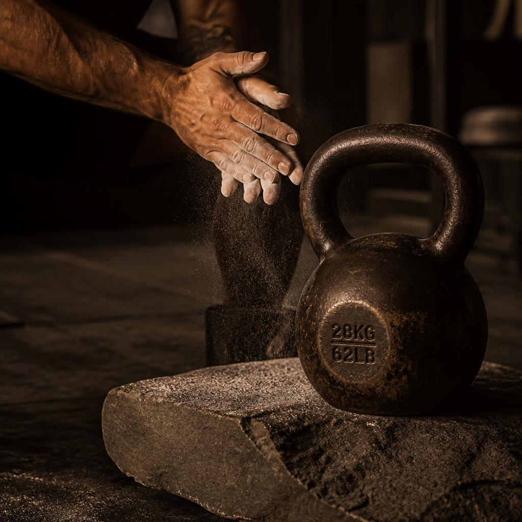 Chalked hands and a kettlebell resting on stone in low bronze light