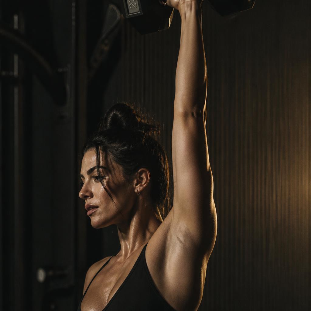 Close crop of an athlete pressing a dumbbell overhead in warm light